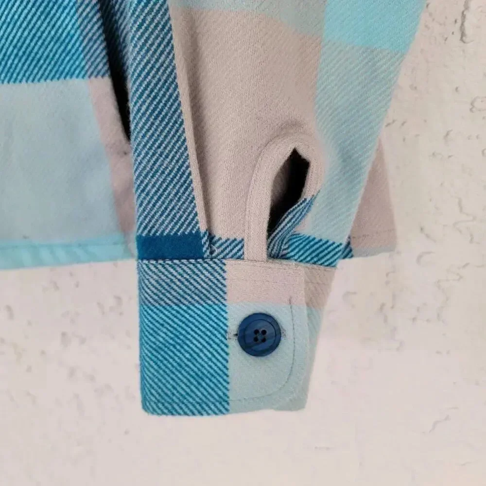 Cabelas Plaid Flannel Shacket Turquoise Gray Women Size L Button Down Cotton